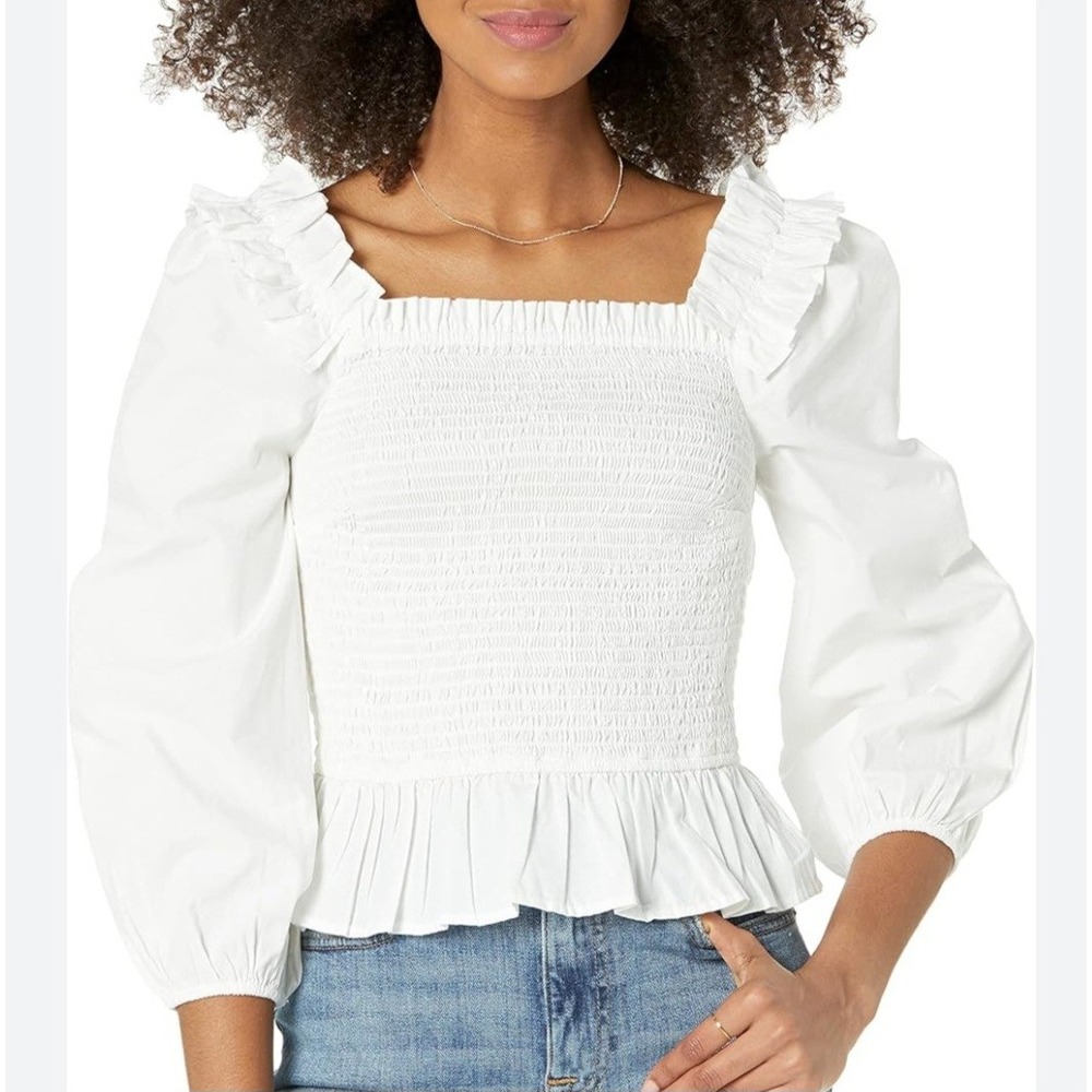 The Drop White Smocked Ruffle Puff Sleeve Peplum Top Square Neck Blouse XL